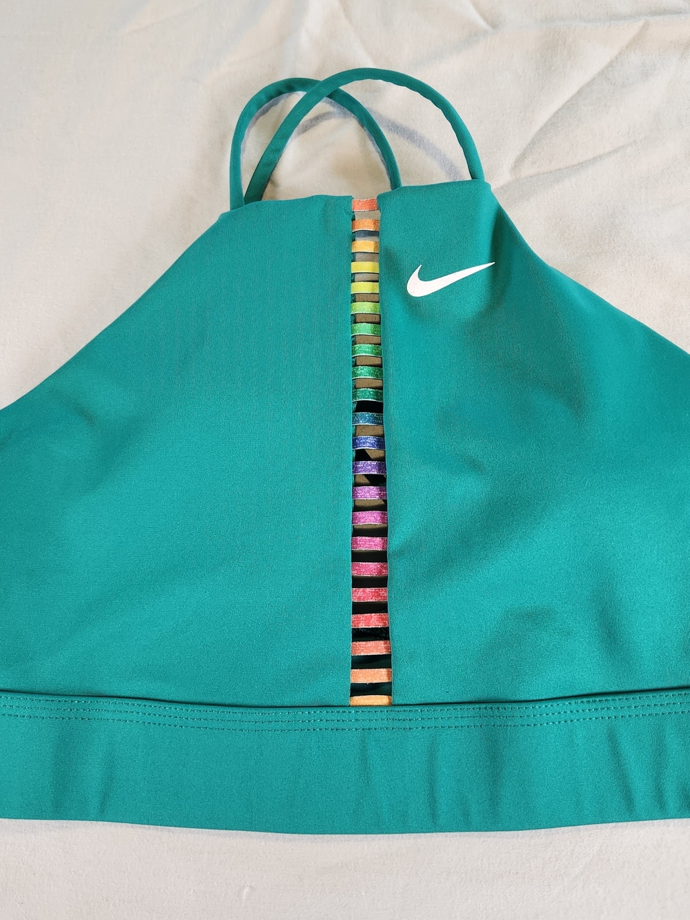 Nike Dri-FIT Women Mesh High Impact Sports Bra Green/Multicolor Stripe Size M